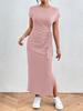 Women's Striped Midi Dress with Tie Waist and Side Slit