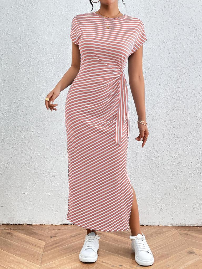 Women's Striped Midi Dress with Tie Waist and Side Slit