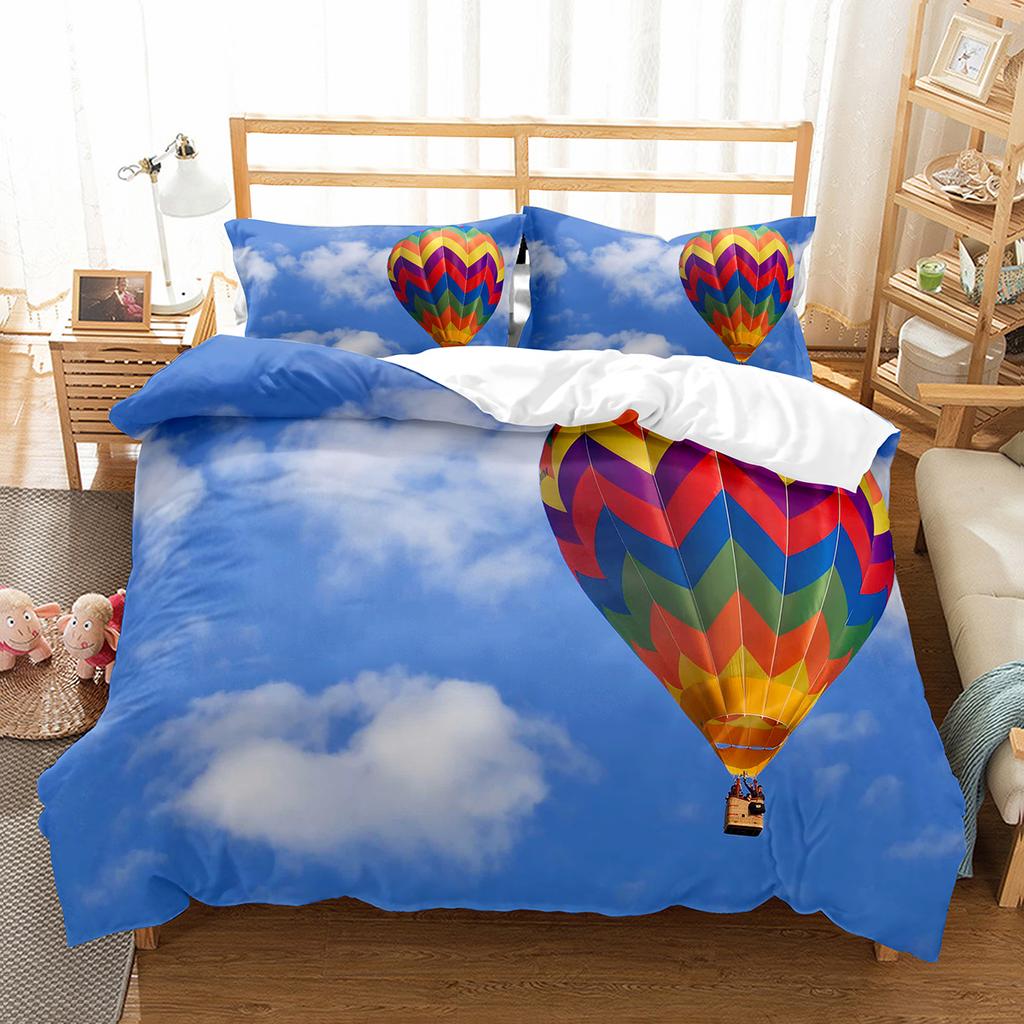 Heißluftballon Bettbezug Set Weißes Wolkenmuster Polyester Bettdeckenbezug King Queen Einzelgröße Für Kinder Mädchen Schlafzimmerdeko