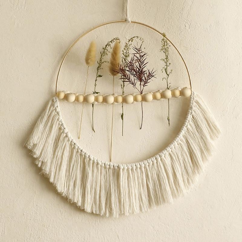 Elegant Handmade Macrames Tassels Wall Hanging Decors Large Round Frame Wood Beads Wall Ornament for Home Aesthetic