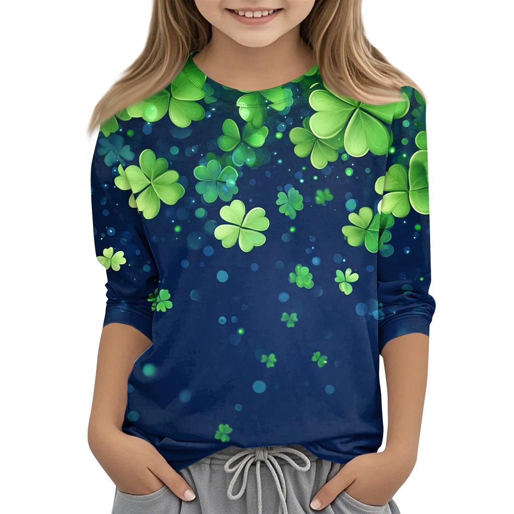 St. Patrick's Day Print Tops For Youth Girls 4-11 Years Round Neck 3/4 Sleeves T-Shirts Trendy Tops Outfit Tees