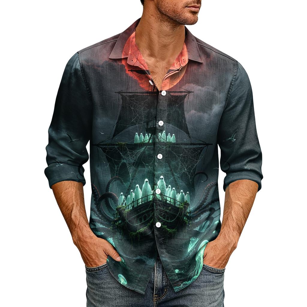 Men's Long Sleeve Cardigan with Halloween Print for Trendy Party Wear