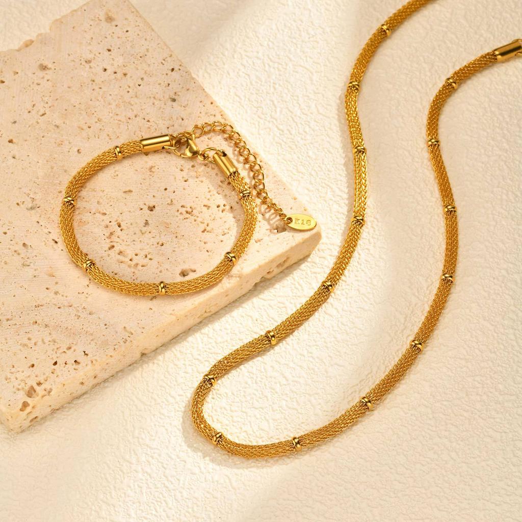 Women'S Fashion Niche Simple Mesh Bead Chain Necklace Bracelet 18K Gold Nc-2490