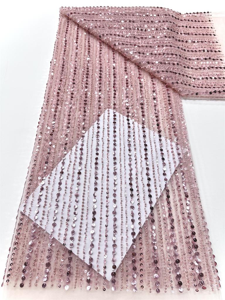 Luxury 2025 High Quality Pink African French Beaded Lace Fabric Sewing Sequins Embroidery Nigerian Lace Fabric For Women Wedding