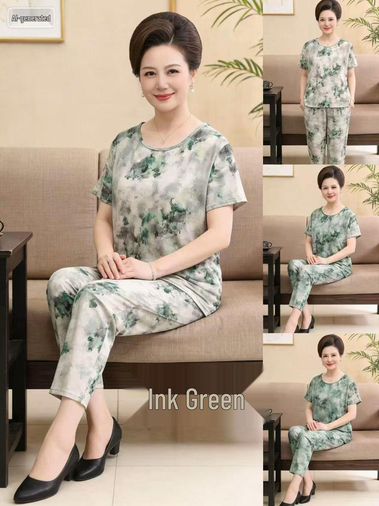 Women's Plus Size Ice Silk Pajama Set: Casual Short Sleeve Two-Piece for Middle-aged and Elderly Moms