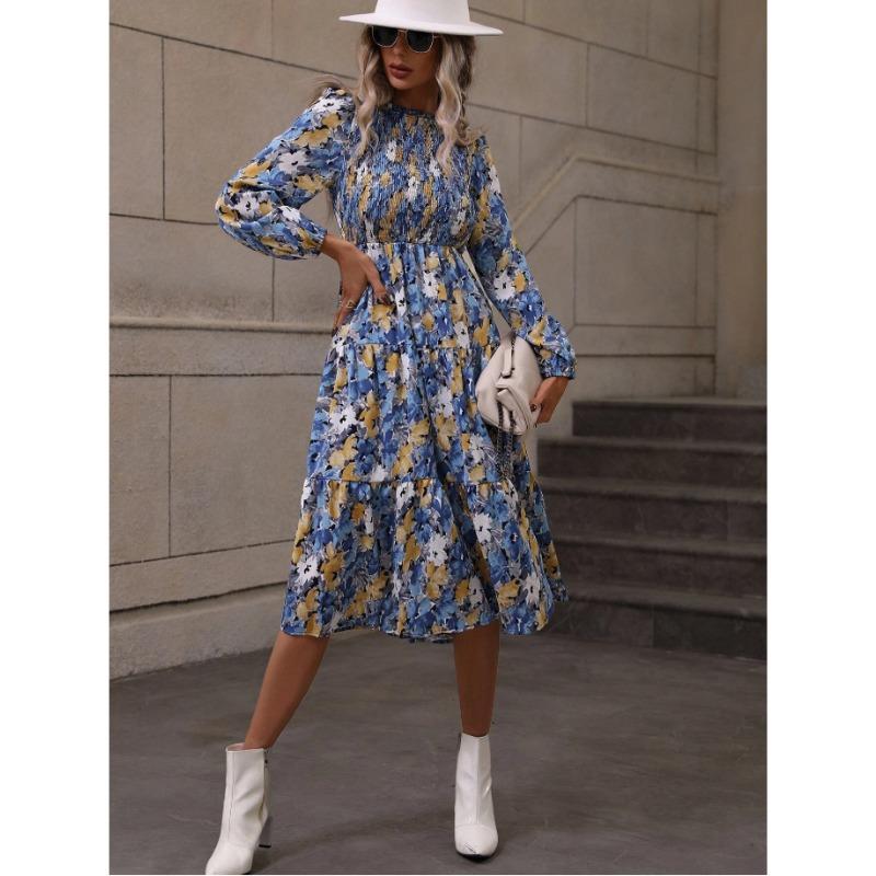 

Весенне-осеннее женское платье с принтом и тортом. Модное женское платье с длинным рукавом. XL синий