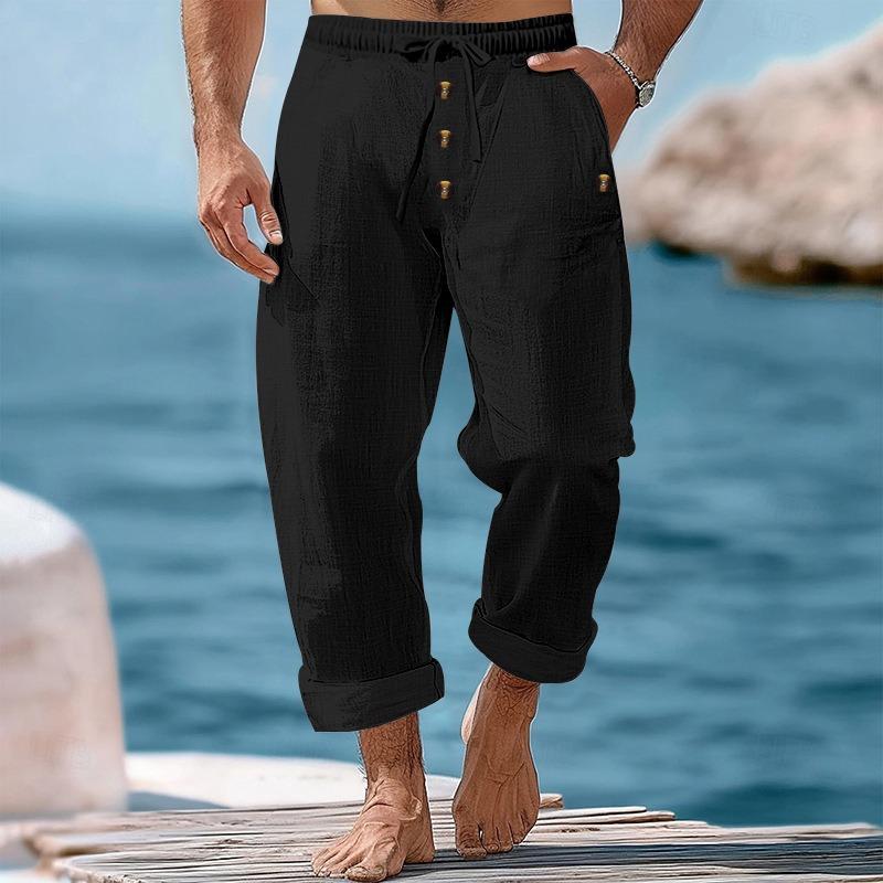 Men Solid Color Linen Loose Drawstring Button Casual Long Pants