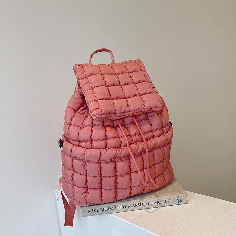 Niche casual simple design women's summer wind backpack pleated cloud fashion down cotton plaid drawstring backpack