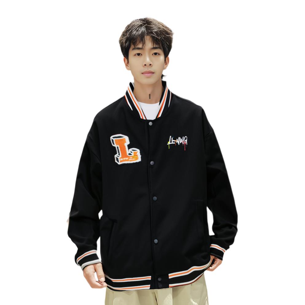 Li Ning Sports Lifestyle Series Logo Embroidery Pattern Single-Breasted Short Casual Loose Cotton Jacket Unisex Jacket Black AJMS141-1