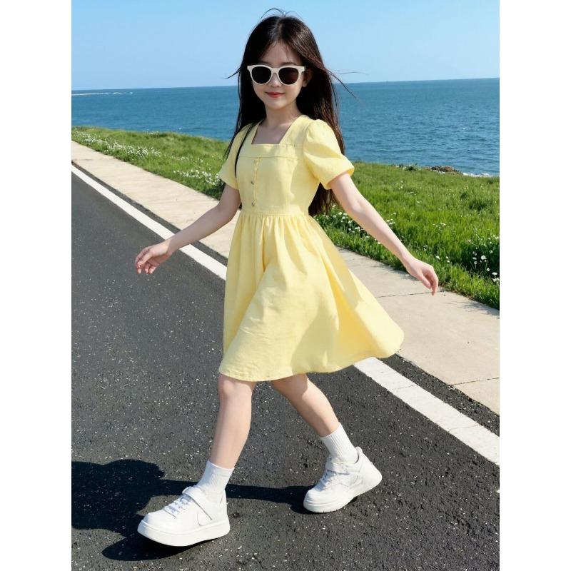 Sweet Yellow Dress for Girls - Summer Children s Fashionable Short-sleeved Princess Dress 120