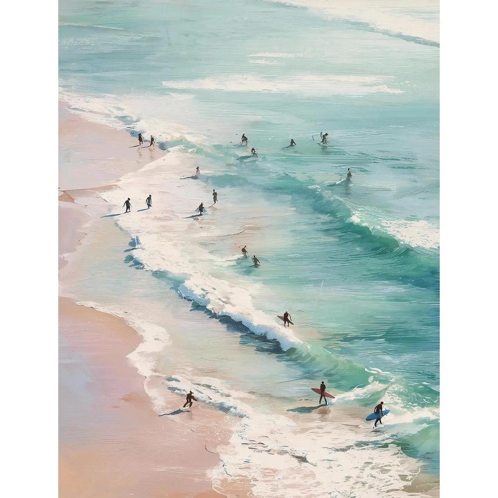 Dreamy Pastel Summer Beach Posters Woman Swimming Umbrella Sea Turtle Prints Canvas Painting Wall Picture Home Living Room Decor