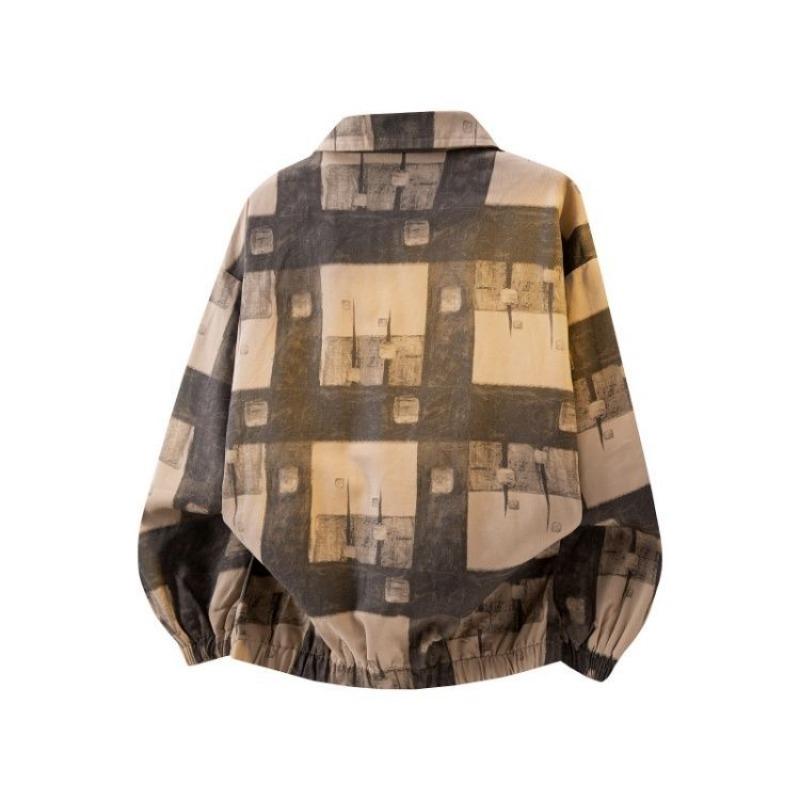 Men's Abstract Plaid Print Jacket Turn-Down Collar Button Down Oversized Streetwear Coat