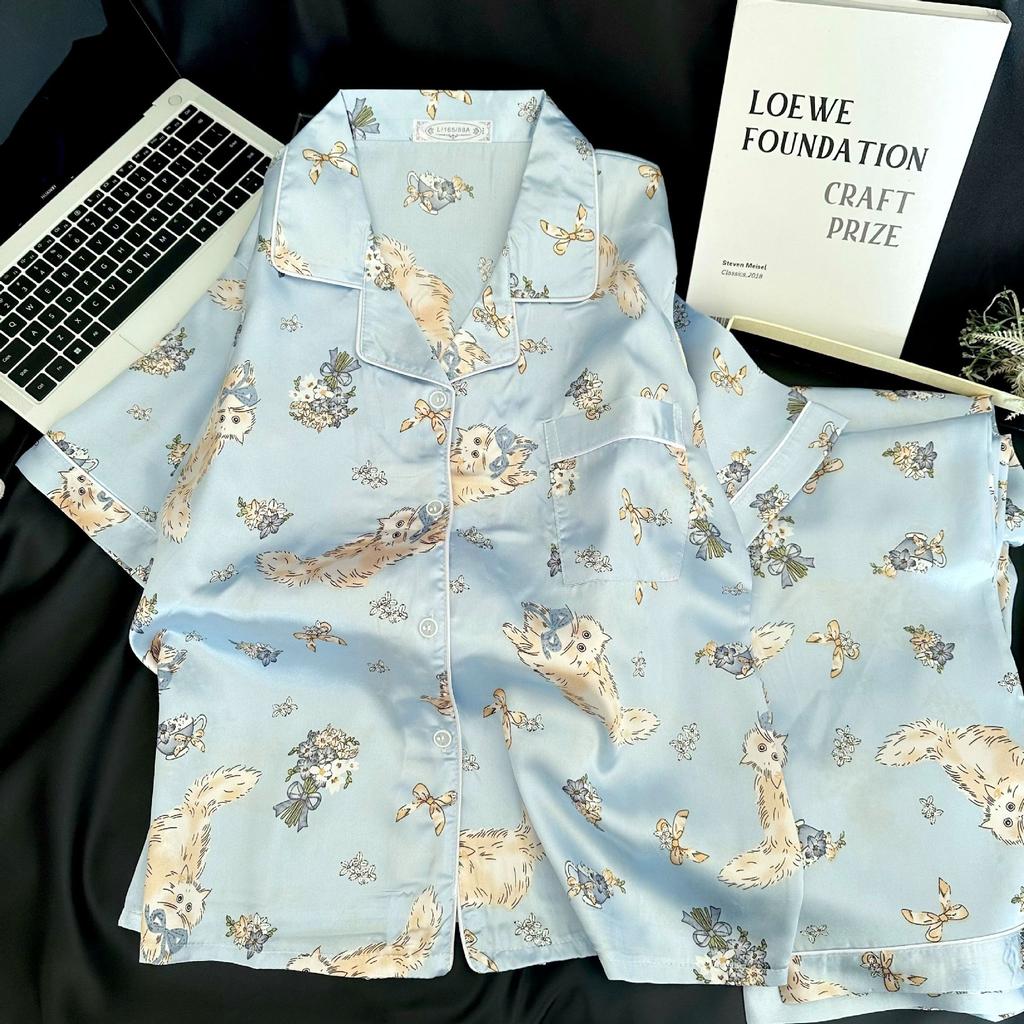 1011 New Simulation Silk Women's Pajamas Lapel Premium Summer Popular Two-piece Pajama Set