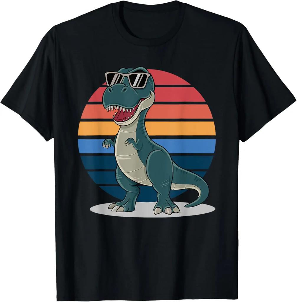 Men's Dinosaur and Tyrannosaurus Rex Pattern Printed 100% Pure Cotton Short-sleeved T-shirt, Retro and Nostalgic Harajuku Top