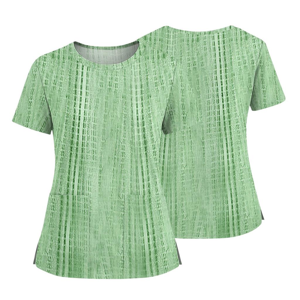 Women's Fashionable Printed Round Neck Pocket Short Sleeved Shirt With Slit Hem Uniform And Worker's Top