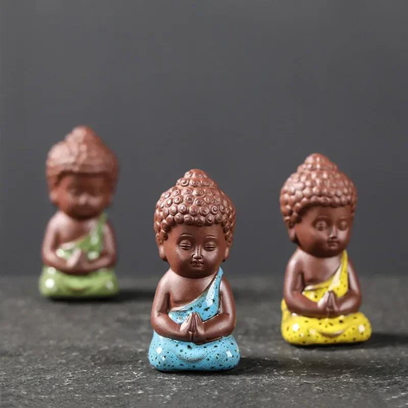 Creative Purple Clay Tea Pet Ornament Lovely Small Buddha Monk Figurine Handmade Sculpture Tea Set Decor Garden Bonsai Art