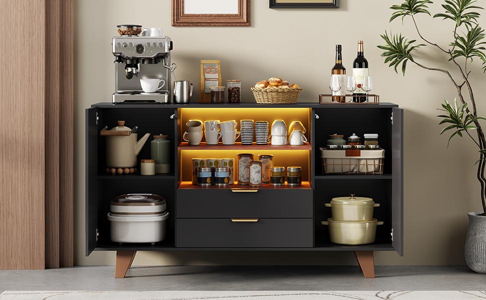 Kitchen Cabinet, Sideboard with LED Lighting, Drawers and Adjustable Shelves, Storage Cabinet for Dining Room and Living Room, 150 × 40 × 90 Cm