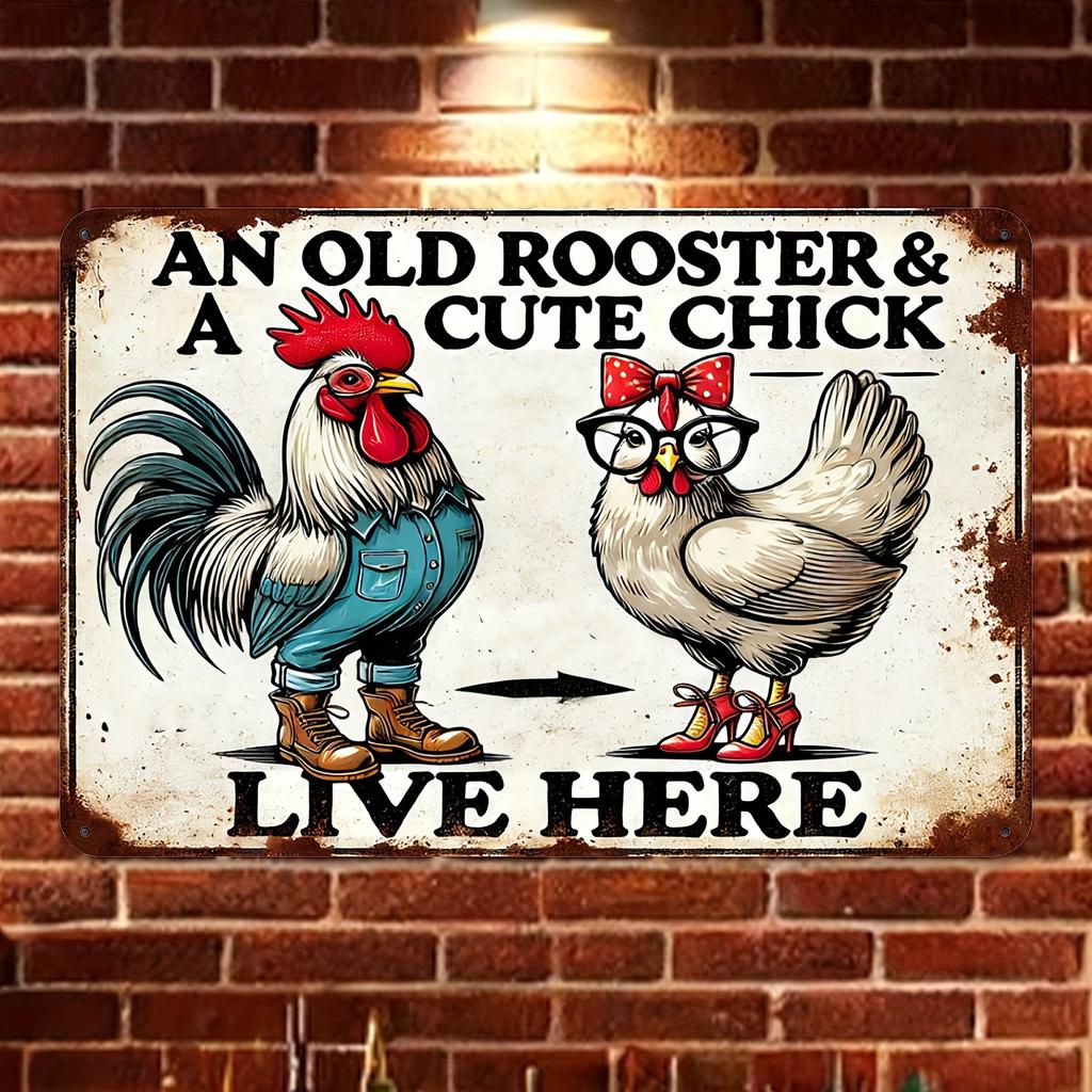 Charming Vintage 'A Husband, Chicken & Cute Little Chick Live Here' Sign - 12x8" Waterproof & Dustproof Metal Wall Art for Home