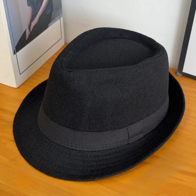 

Warm Wool Fedora Hat for Men Winter Thermal Top Hat British Classic Style Jazz Cap Elderly Gentleman Cold Weather Dress Hat чорний