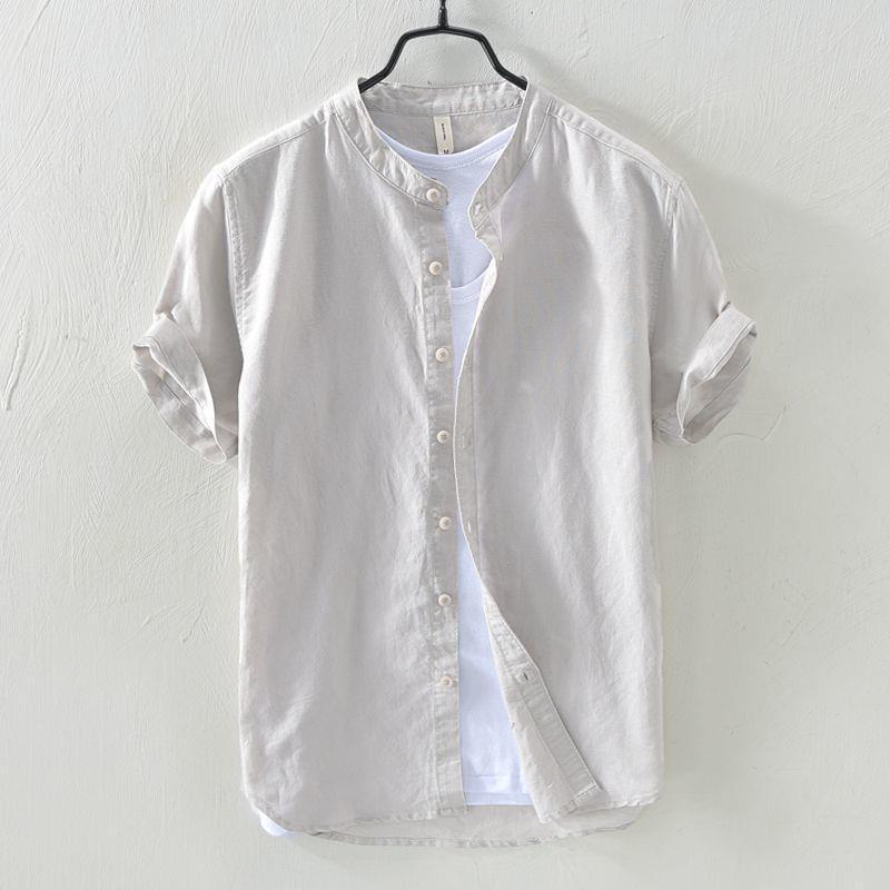 Men's Dark Blue Casual Linen-Cotton Stand Collar Short Sleeve Shirt - Retro Japanese Style