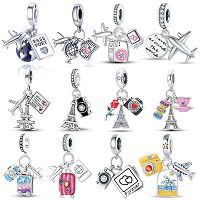Copper Travel Airplane Camera Suitcase Tower Pendant Fit Pandach Original Diy Bracelets Charm Beads Birthday Gifts Jewelry