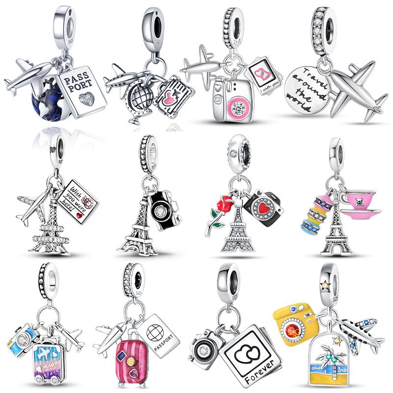 Copper Travel Airplane Camera Suitcase Tower Pendant Fit Pandach Original Diy Bracelets Charm Beads Birthday Gifts Jewelry