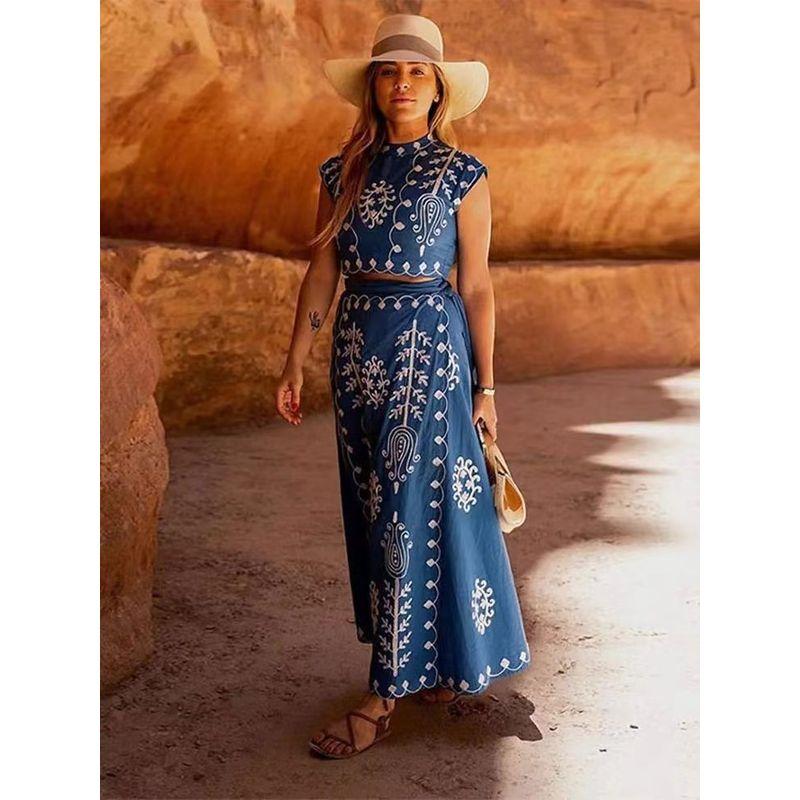 

Fashion Vintage Print Vacation Style Two-Piece Dress Printed Vacuum Two-Piece Dress Navy blue L