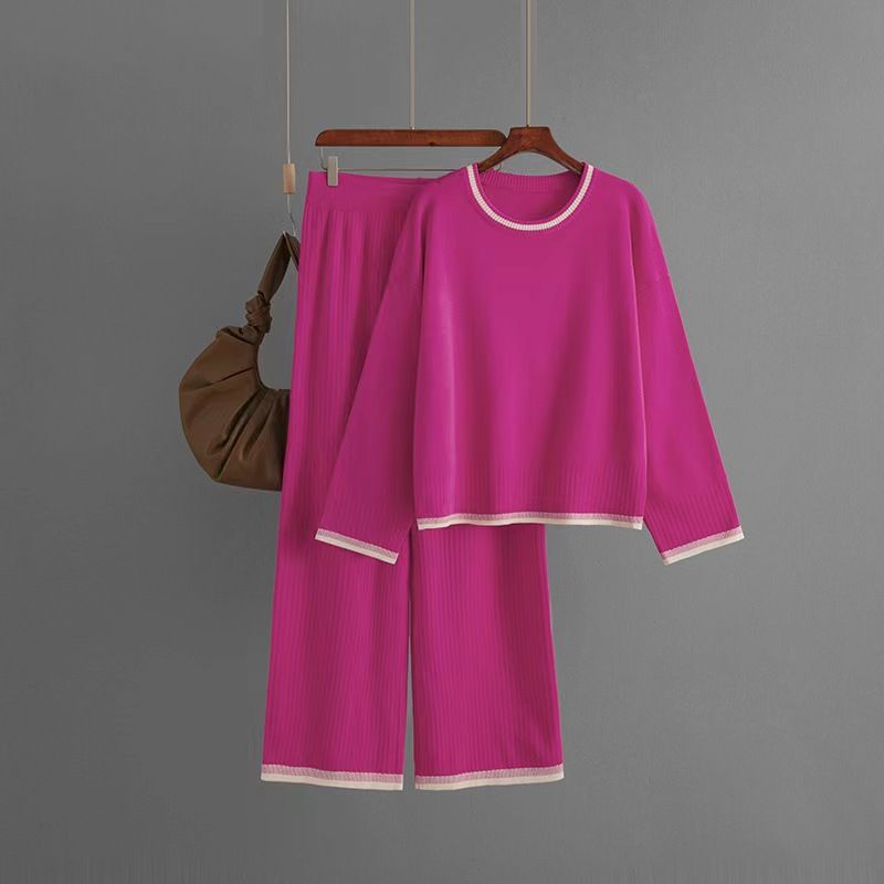 

New Arrival Contrast Color Knit Casual Long Sleeves Top and Trousers Two-Piece Suit Knitted Top and Pants Set Rose Red One size