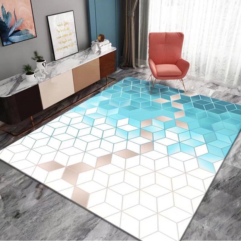 Obývací pokoj v severském jednoduchém stylu, velký koberec, domácí ložnice plná geometrického stylu podložka pod konferenční stolek lze prát v pračce