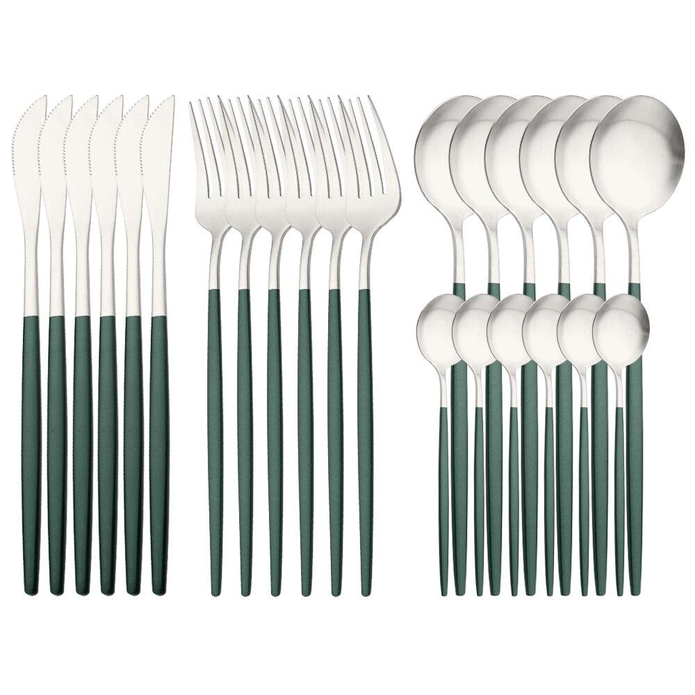 24 deler Matt Svart Gull Bestikksett Gaffel Skje Kniv Bestikksett Rustfritt stål Bestikk Komplett servisesett Kjøkken