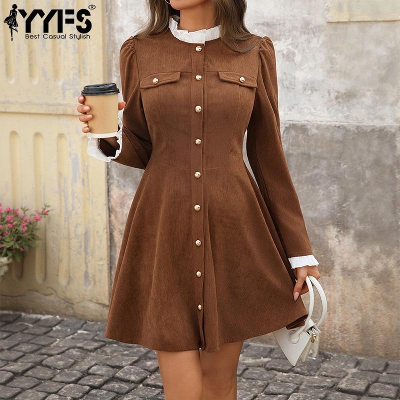 YYFS Women's Fashion Spring Fall Solid Color Print Long Sleeve Stand-Neck High Waist Casual Dresses