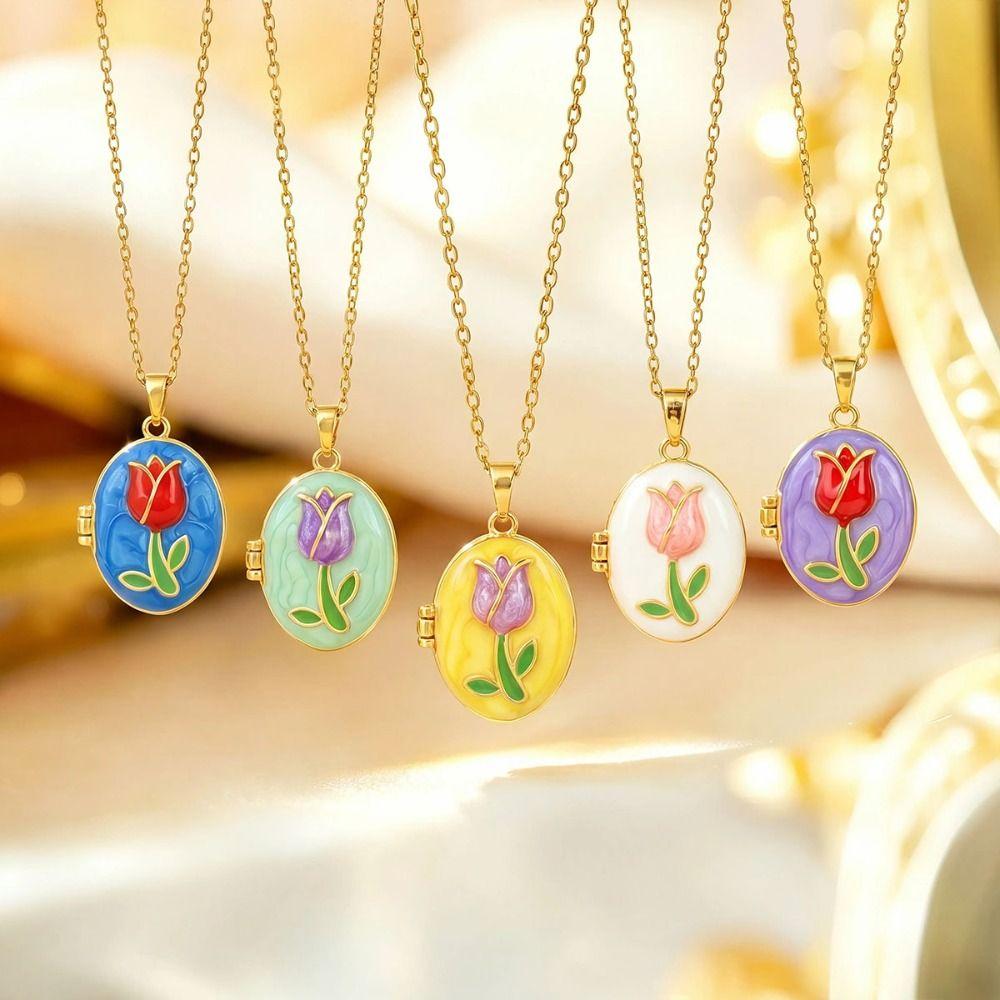 Opening and Closing Lid Photo Locket Pendant Necklace Titanium Steel Glazed Flower Choker Girl