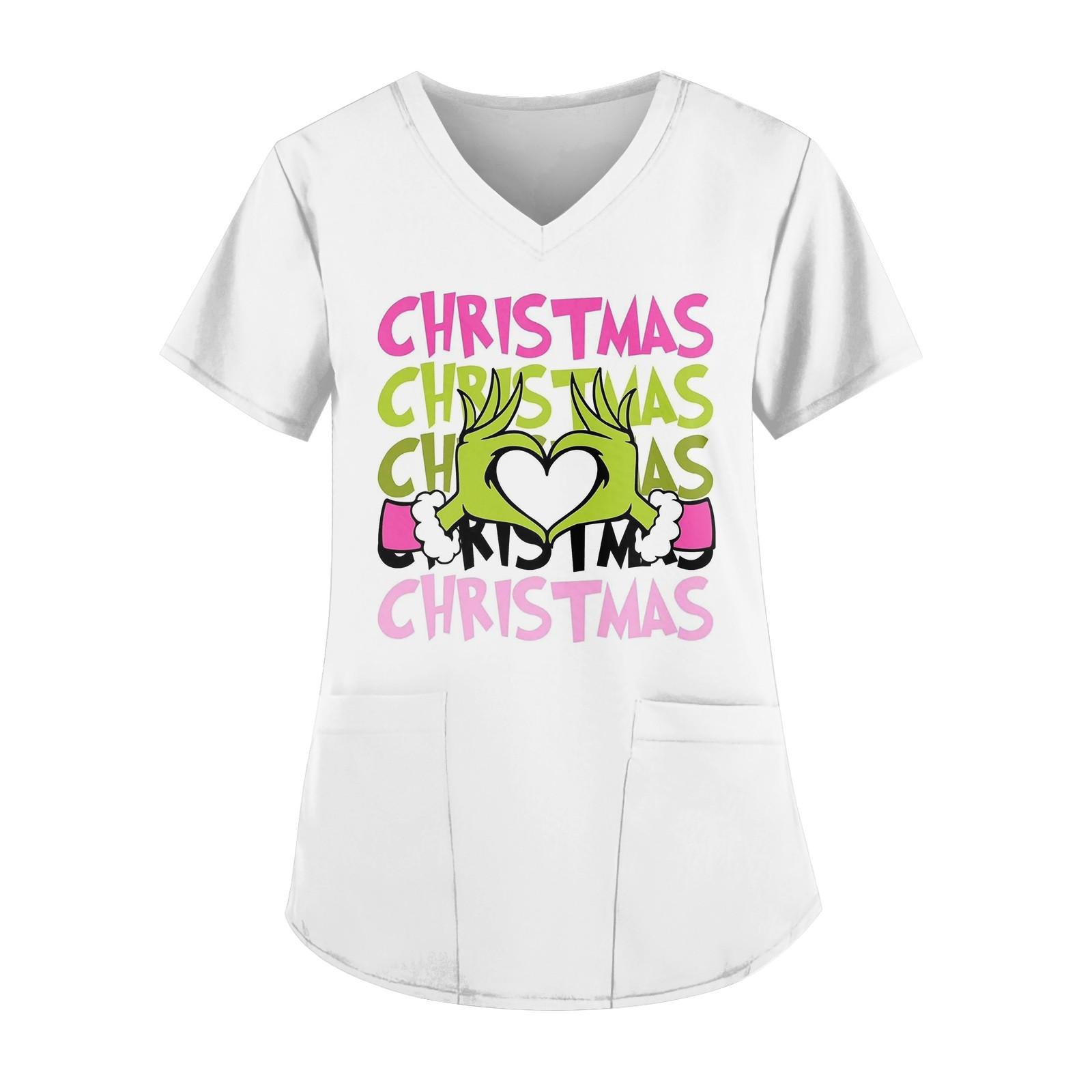 

Робоча уніформа з принтом великого розміру Топи для жінок з хрестовим V-подібним вирізом і короткими рукавами Веселі футболки Робочий одяг Футболка з кишенями S білий