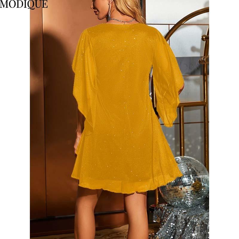 MODIQUE 2025 Summer New Ladies Sexy Elegant Deep V-Neck X-Line Sequin Mesh Cape Sleeve Short Dress