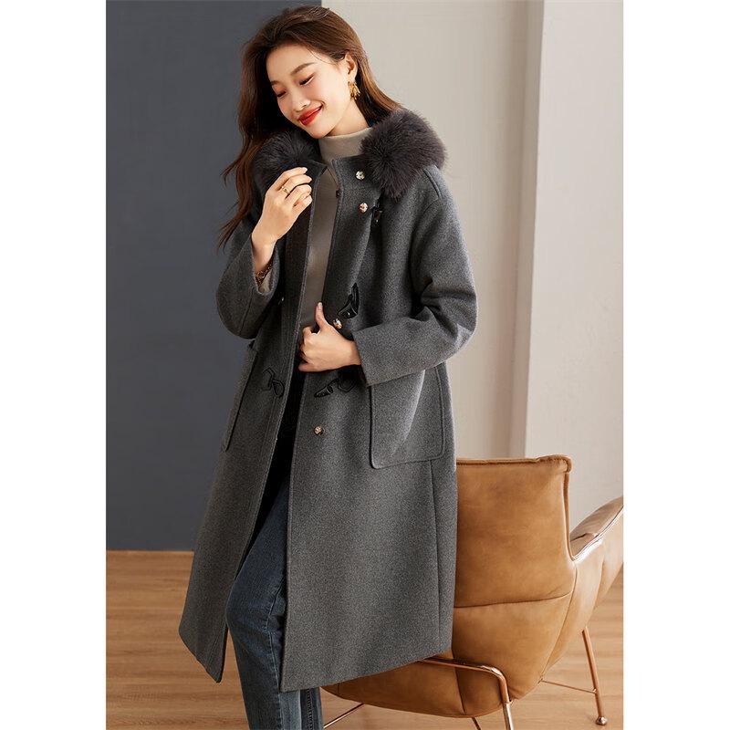 Shang Jing 2025 Winter Women's Faux Fur Lined Long Wool Blend Coat