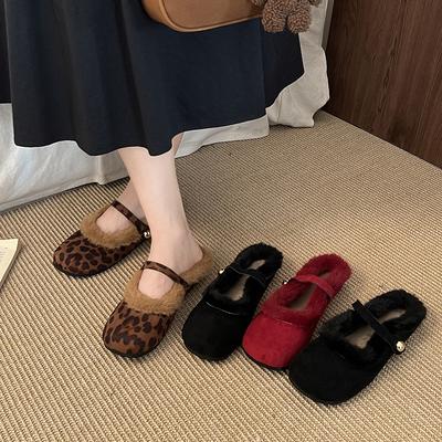 Damen Flache Baumwoll Hausschuhe Winter Loafer Retro Britischer Stil Warme Stiefel Leopardenmuster Mary Jane Pelz Hausschuhe Pantoufles Femme