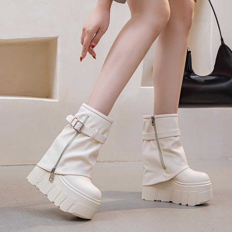 

Брюки-ботинки женские 2025 осень и зима новые на толстой подошве короткие ботинки женские с внутренней танкеткой модные боковые молнии пряжка ремня тонкие женские ботинки 39