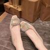Damen-Single-Schuhe mit niedrigem Absatz und eckiger Spitze mit Strassstein-Schnalle Seiden-Satin-Slip-Ons Flache Sohle Vielseitig Und Stilvoll