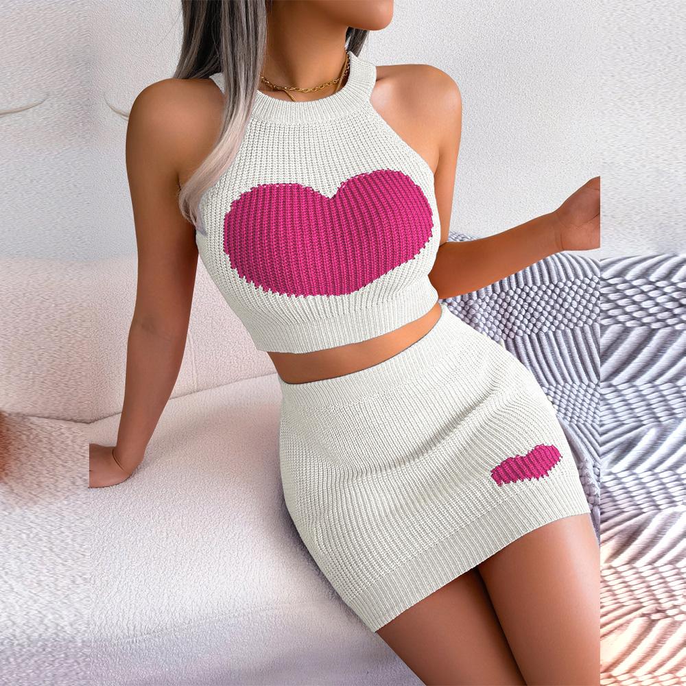 Women Spring Summer  Halter Neck  Sleeveless Heart Knitted Warp Hip Skirt Suits