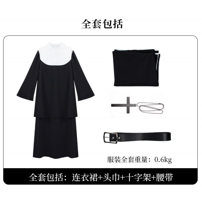 Halloween Nun Cosplay Costume Gothic Robe With Hood Cross Belt Role Play Party