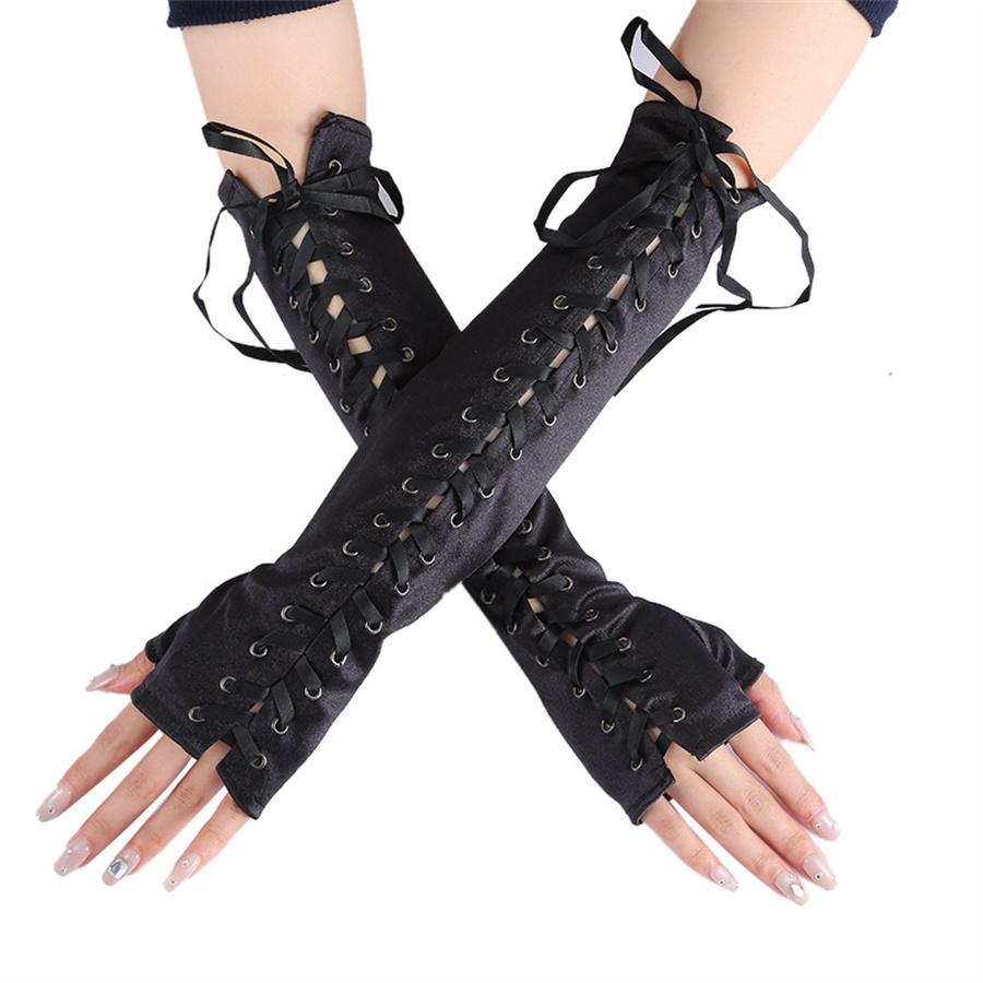 Guantes Largos Góticos con Cordones y Sin Dedos para Mujer, Calentadores de Brazo de Satén Negro para Cosplay, Fiesta, Halloween