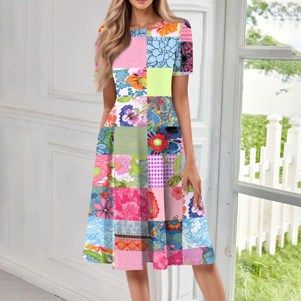 Women Casual Printed Round Neck Short Sleeved Long Dress