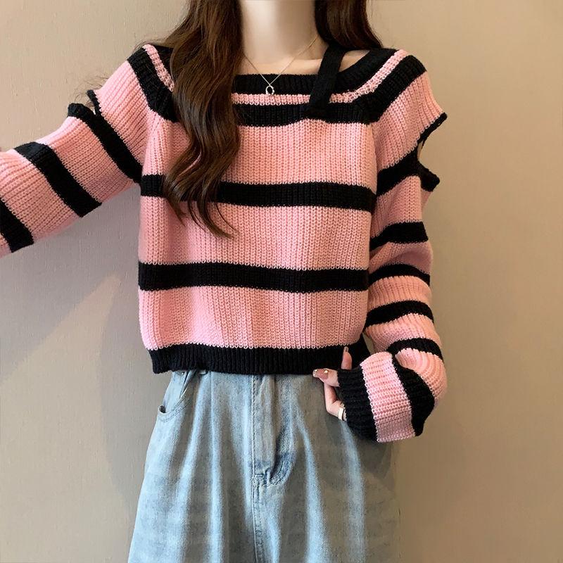 

Sweet & Spicy Off-Shoulder Striped Sweater: Autumn Short, Color Block, Long Sleeve Women s Knit Top One Size (Fits 35-62.5 kg)