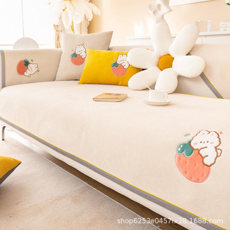 Chenille Heavy Weight Sofa Cushion Four Seasons Universal Strawberry Rabbit Cushion Non-Slip Leather Sofa Cover Backrest Towel Cover Cloth