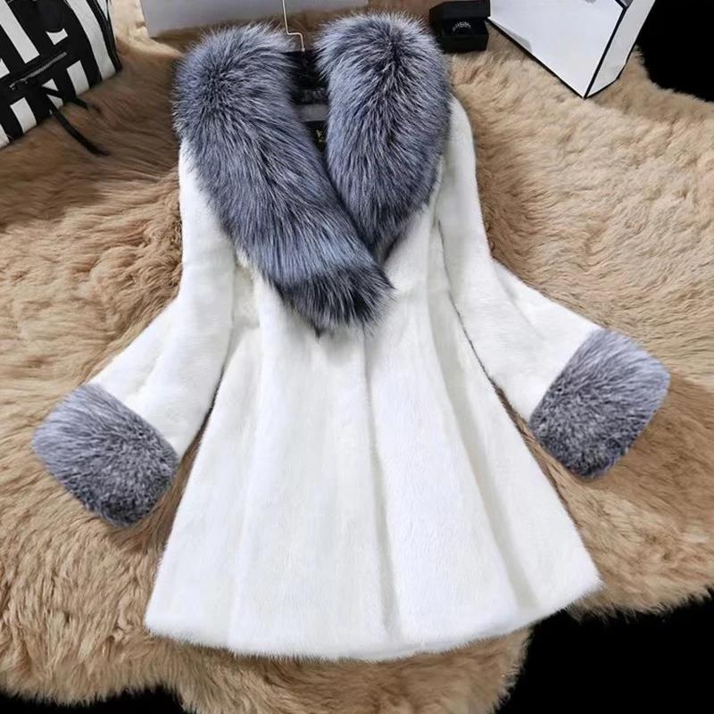 Office Lady Commute Coat Elegant Imitation Fur Hair Collar Splicing V Neck Nine-quarter Sleeves Warm FurJackets Coat For Women