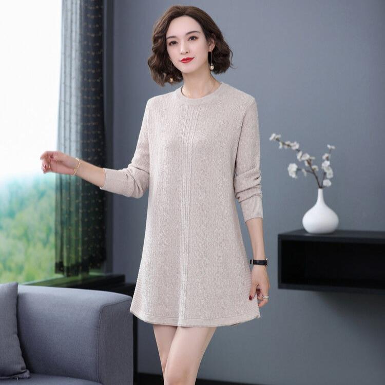 Mid-length Sweater Dress Solid Color Loose Knitted Sweater for Women Casual Long-sleeved Pullover Autumn and Winter