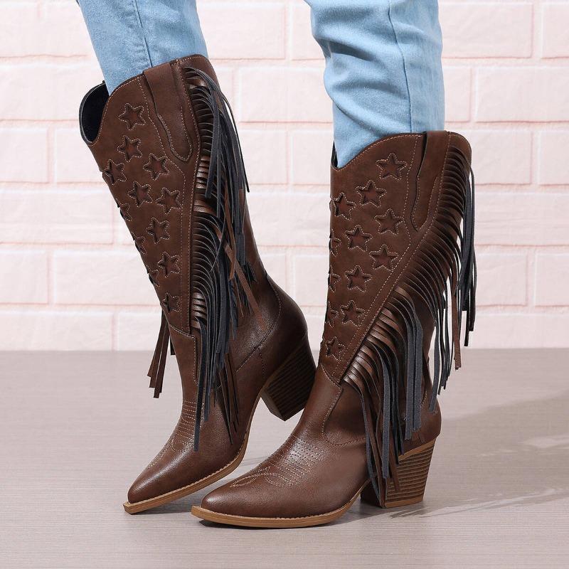 Women's Mid-Calf Embroidered Boot High Heel Western Style Autumn Spring New Large Tassel Stitched Rubber Outsole Botas Feminino