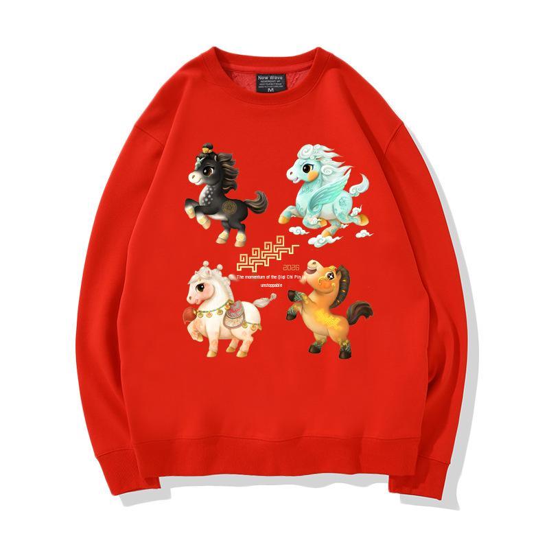 

2026 Spring Festival Horse Mascot Qiji Red Sweatshirt - Unstoppable Galloping New Year Long Sleeve 3XL