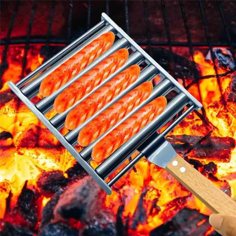 M-Modern-2Pcs Hot Dog Roller For Grill Sausage Roller Rack With Wood Handle BBQ Hot Dog Griller For Evenly Cooked Hot Dogs