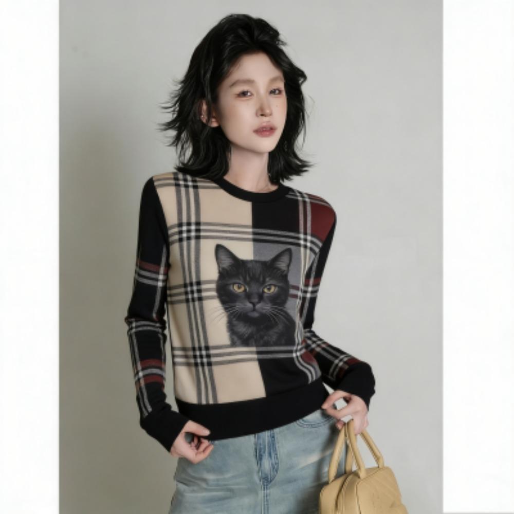 

Spring Europe America Fashion Grid Print Women s T-shirt Casual Pullover Women Long Sleeve Clothing Outdoor Casual Tees Top S